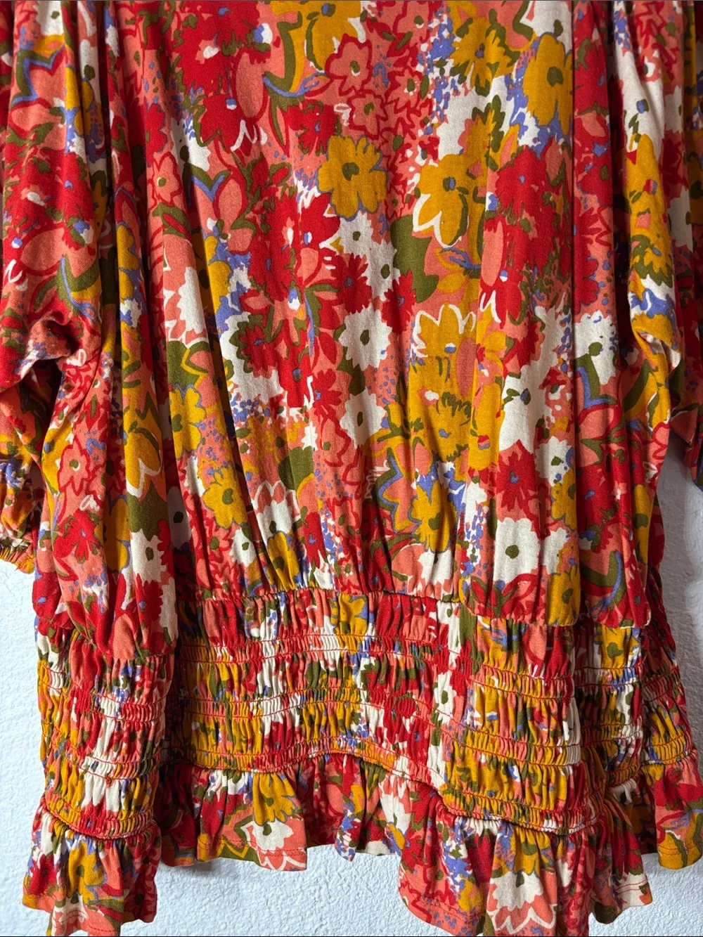 LOFT Floral Smocked Hem Red Women's Peasant Top Milkmaid Cottagecore SZ XL